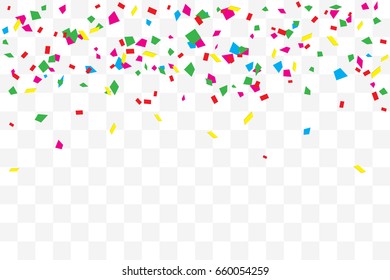 Many Falling Colorful Tiny Confetti On Transparent Background. Vector