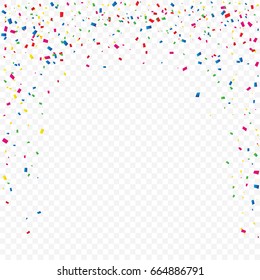 Many Falling Colorful Tiny Confetti On Transparent Background. Celebration Event and Party. Multicolored. Vector