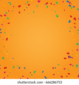 Many Falling Colorful Tiny Confetti On Orange Background. Celebration Event and Party. Multicolored. Vector
