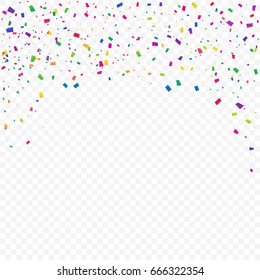 Viele Fallende farbige Tiny Confetti auf transparentem Hintergrund. Feierlichkeiten und Feierlichkeiten. mehrfarbig. Vektorillustration