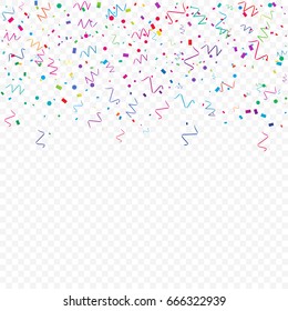 Many Falling Colorful Tiny Confetti On Transparent Background. Celebration Event and Party. Multicolored. Vector