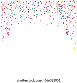 Many Falling Colorful Tiny Confetti Ribbon On White Background. Celebration Event and Party. Multicolored. Vector