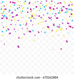 Many Falling Colorful Tiny Confetti On Transparent Background. Celebration Event and Birthday. Vector
