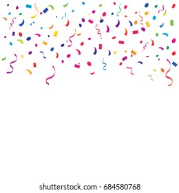 Many Falling Colorful Tiny Confetti And Ribbon Isolated On White Background. Vector. Multi colored