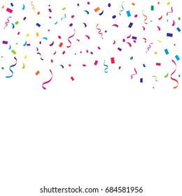 Many Falling Colorful Tiny Confetti And Ribbon Isolated On White Background. Vector. Multi colored