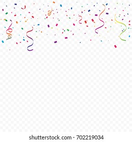 Many Falling Colorful Tiny Confetti And Ribbon Isolated On Transparent Background. Vector. Multi colored