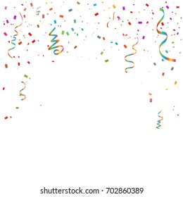 Many Falling Colorful Tiny Confetti And Ribbon Isolated On White Background. Vector. Multi colored