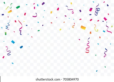 Many Falling Colorful Tiny Confetti And Ribbon On Transparent Background. Celebration Event and Party. Multicolored. Vector Illustration