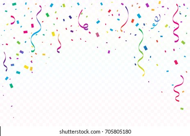 Many Falling Colorful Tiny Confetti And Ribbon On Transparent Background. Celebration Event and Party. Multicolored. Vector