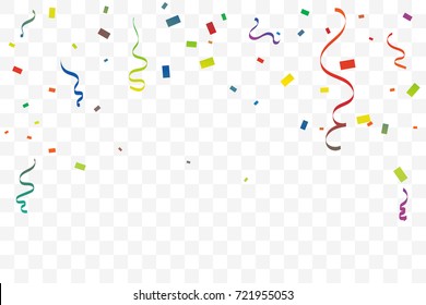 Many Falling Colorful Tiny Confetti And Ribbon On Transparent Background. Celebration Event and Party. Multicolored. Vector