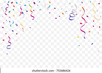 Many Falling Colorful Tiny Confetti And Ribbon On Transparent Background. Celebration Event and Party. Multicolored. Vector