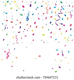 Many Falling Colorful Tiny Confetti And Ribbon Isolated On White Background. Vector. Multi colored