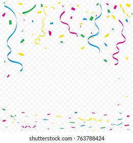 Many Falling Colorful Tiny Confetti And Ribbon Isolated On Transparent Background. Vector. Multi colored