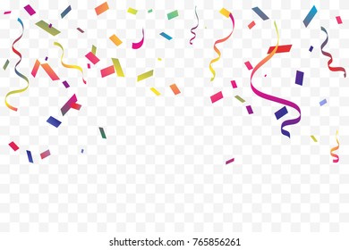 Many Falling Colorful Tiny Confetti And Ribbon On Transparent Background. Celebration Event and Party. Multicolored. Vector