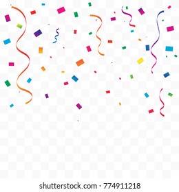 Many Falling Colorful Tiny Confetti And Ribbon On White Background. Celebration Event and Party. Multicolored. Vector