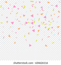 Many Falling Colorful Tiny Geometric Confetti Isolated On Transparent Background. 3d. Multicolored Vector