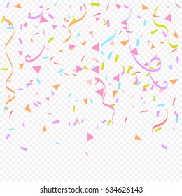 Many Falling Colorful Tiny Geometric Confetti And Ribbon Isolated On Transparent Background. 3d. Vector. Multicolored
