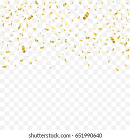 Many Falling Gold Tiny Confetti On Transparent Background. Celebration. Festive. Vector