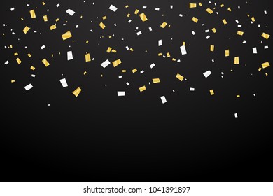 Many Falling Gold And White Silver Tiny Confetti isolated On Black Background. Celebration Event and Party. Vector