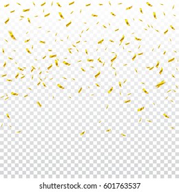 Many Falling Golden Confetti Isolated On Transparent Background. Vector