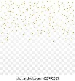 Many Falling Golden Confetti And Ribbon Isolated On Transparent Background. Vector Illustration