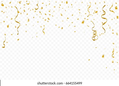 Many Falling Golden Confetti With Ribbon Falling On Transparent Background. Celebration Event & Party. Vector