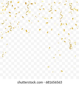Many Falling Golden Confetti With Ribbon Falling On Transparent Background. Celebration Event & Party. Vector