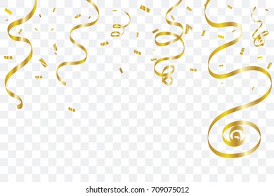 Many Falling Golden Confetti With Ribbon Falling On Transparent Background. Celebration Event & Party. Vector