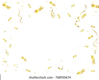 Many Falling Golden Confetti With Ribbon Falling On White Background. Celebration Event & Party. Vector