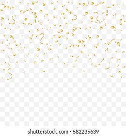 Many Falling Golden Confetti And Ribbons Isolated On Transparent Background. Vector