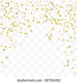 Many Falling Golden Confetti And Ribbons Isolated On Transparent Background. Vector