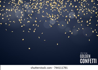 Many falling golden confetti and ribbons on a dark blue background. Festive New Year background. Place for your project. Christmas soft glare bokeh. Vector illustration