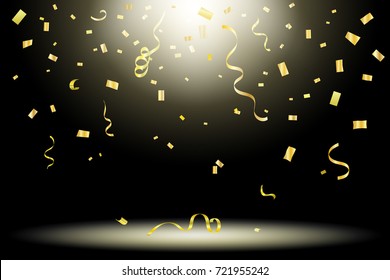 Many Falling Golden Confetti And Streamer Ribbon On Room Studio Background. Celebration Event and New Year. Vector Illustration