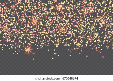 Many Falling Golden Glitter Confetti On Transparent Background. Celebration & Party. Vector