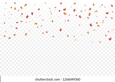 Many Falling Golden And Red Tiny Confetti Isolated On Transparent Background. Vector