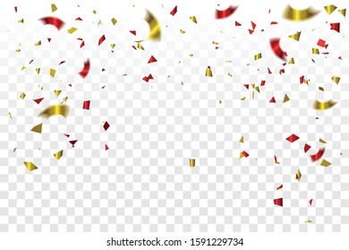Many Falling Golden And Red Tiny Confetti Isolated On Transparent Background. Vector