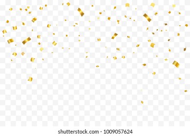 Many Falling Golden Tiny Confetti On Transparent Background. Vector