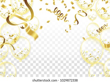 Many Falling Golden Tiny Confetti And Ribbon. Festive & Celebration Background. Vector Illustration