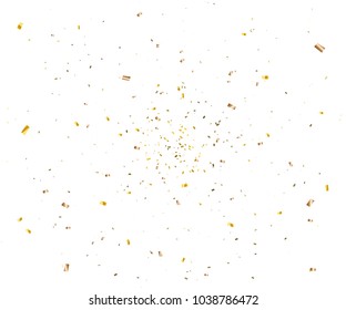 Many Falling Golden Tiny Confetti On White Background. Vector