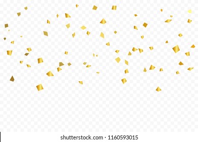 Many Falling Golden Tiny Confetti On Transparent Background. Vector