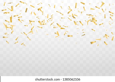 Many Falling Golden Tiny Confetti On Transparent Background. Vector