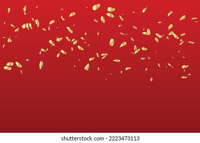 Muchos De Los Pequeños Confetti Dorados Se Aislaron En Fondo Rojo. Cartel Feliz Año Nuevo 2023. Vector