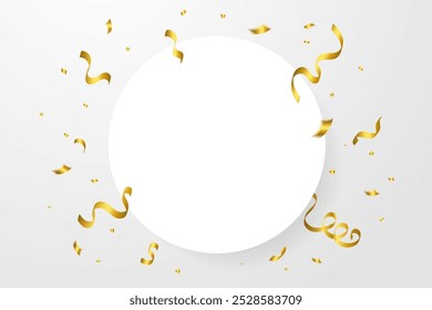Many Falling Golden Tiny Confetti And Ribbon On White Background With Round Frame. Celebration Event and Party Wallpaper. Congratulations Banner. Happy Birthday. Vector Illustration