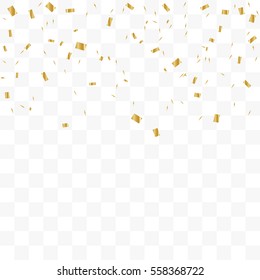 Many Falling Golden Tiny Confetti On Transparent Background. Vector