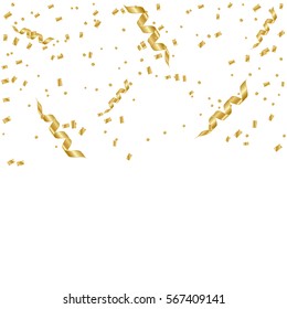 Many Falling Golden Tiny Confetti And Ribbons On White Background. Vector