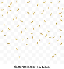 Many Falling Golden Tiny Confetti On Transparent Background. Vector