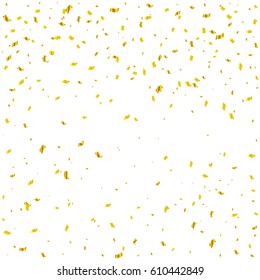 Many Falling Golden Tiny Confetti On White Background. Vector