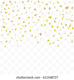 Many Falling Golden Tiny Confetti On Transparent Background. Vector