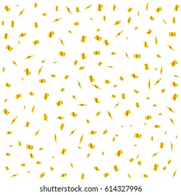 Many Falling Golden Tiny Confetti On White Background. Vector