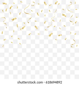 Many Falling Golden Tiny Confetti And Ribbons On Transparent Background. Vector
